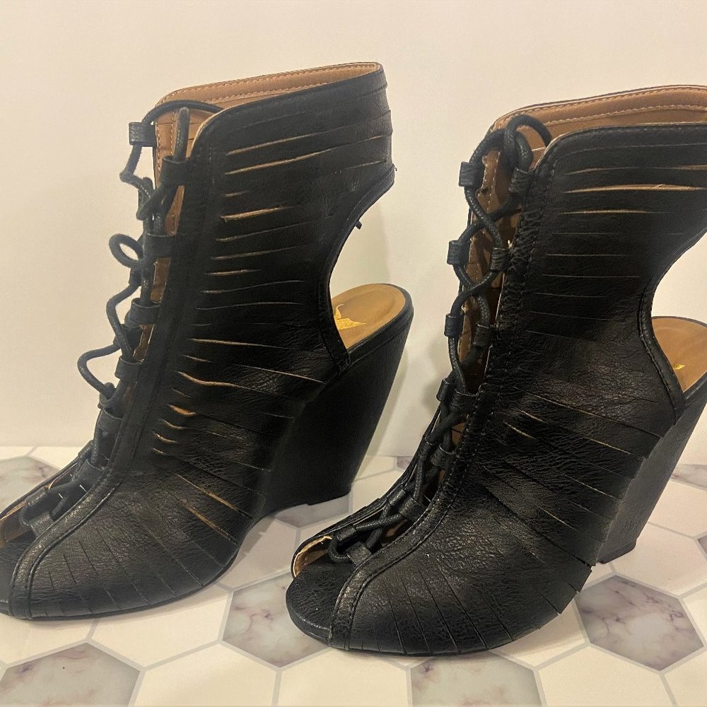 black leather wedge